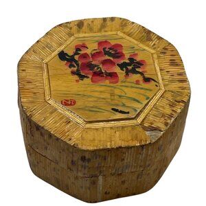 Vintage Bamboo Octagonal Trinket Box With Floral Design & Silk Lined Interior